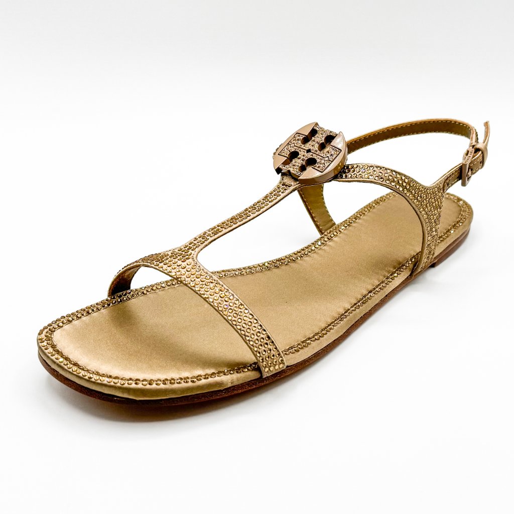 New Tory Burch Delphine In Beige Satin & Leather Flat Sandals With Embellishment